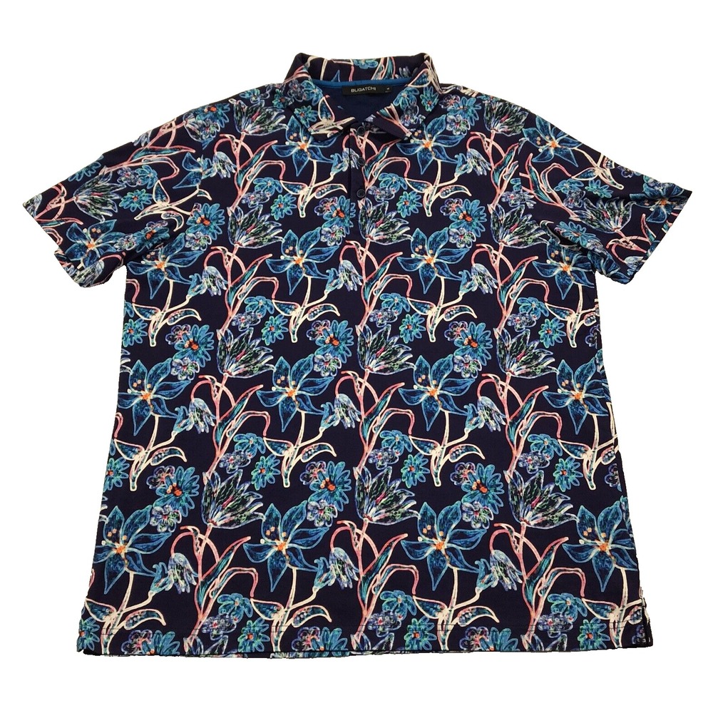 Bugatchi Polo Shirt Mens‎ M Black Blue Floral Colorful Hawaiian Golf Casual S/S